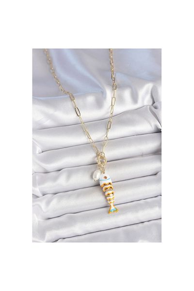 Skygo Gold Color Brass Necklace with Pearl Detail, Zircon Stone and White Fish Figure - Tj-Bko10216