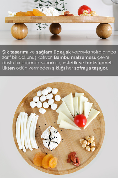 Home Yuvarlak Bambu Sunum Tabağı - Ayaklı Sunumluk Kek Kurabiye Pasta Servis Sunum Standı 27 cm