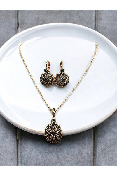 FUYA JEWELLERY Taşlı Çiçek Motif Kolye, Küpe Set