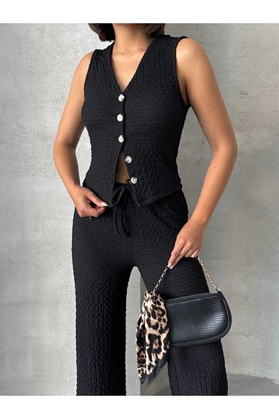 Brood Women's Seersucker Fabric V-Neck Vest - Palazzo Pants Set