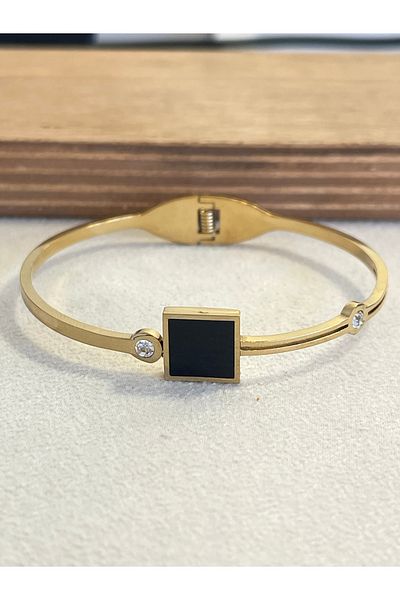 Rupen Kraft 316 L Surgical Steel Black Enameled Zircon Stone Stainless Tarnish Free Steel Handcuff Bracelet