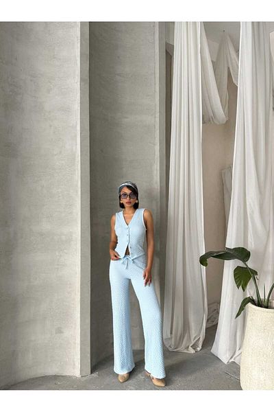 Brood Women's Seersucker Fabric V-Neck Vest - Palazzo Pants Set