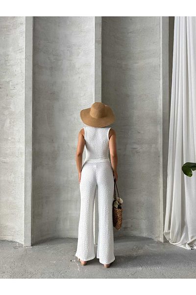 Brood Women's Seersucker Fabric V-Neck Vest - Palazzo Pants Set