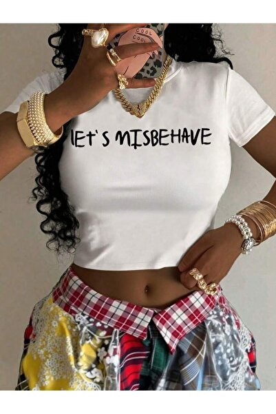 OVER HEAD Tricou Crop pentru femei Let's Misbehave Printed Baby Tee