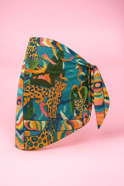 pistore Yellow Modern Lion Patterned Short Pareo Satin Women's Beach Dress New Season