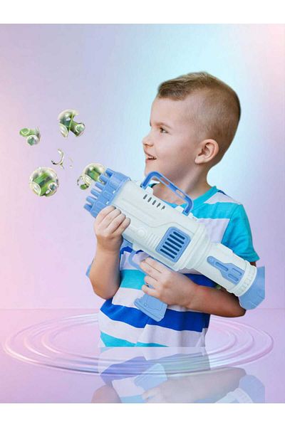 OEM Pistol Electric cu Baloane de sapun , 32 Gauri, Automat, Tavita +Solutie baloane, Albastru,3+