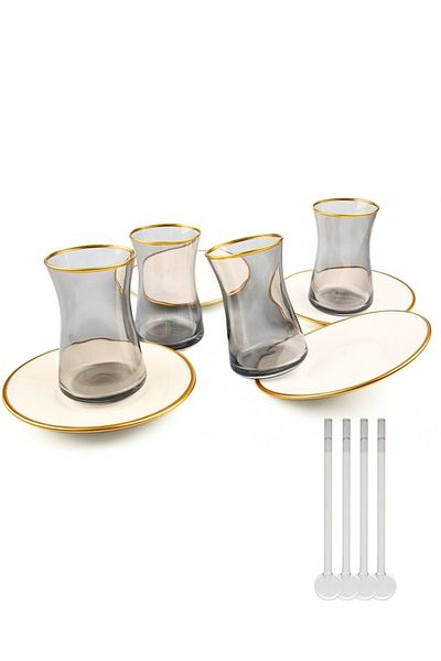 ODTA 12 Pieces Smoked Matte Gold Porcelain Plate Glass Tea Cup Set with Tea Spoon