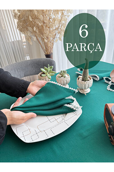 ARS DT 6 PARÇA Lüx Dantelli Ponponlu Yeşil Dekoratif Sunum Peçetesi