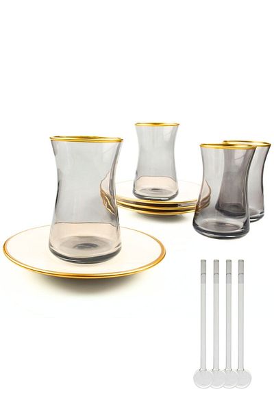 ODTA 12 Pieces Smoked Matte Gold Porcelain Plate Glass Tea Cup Set with Tea Spoon