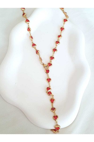 bijoux uniques Steel Gold Red Heart Y Necklace