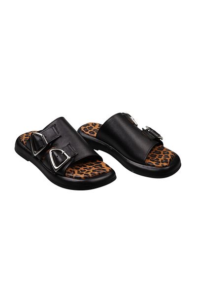 Lady Mia Elera Genuine Leather Women's Slippers with Buckle Detail