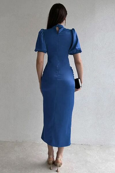 thezkscom Rochie de damă din satin indigo cu mânecă cu balon