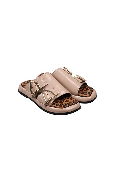 Lady Mia Elera Genuine Leather Women's Slippers with Buckle Detail