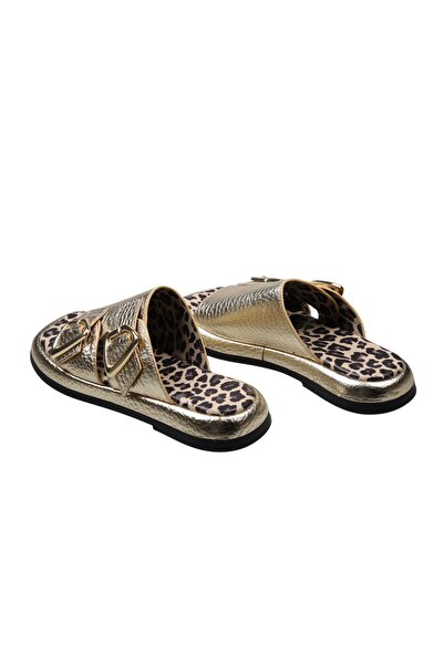 Lady Mia Elera Genuine Leather Women's Slippers with Buckle Detail