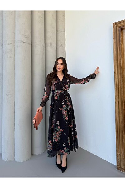 Anna Moda Mini Güllü Kruvaze Yaka Astarlı Şifon Elbise