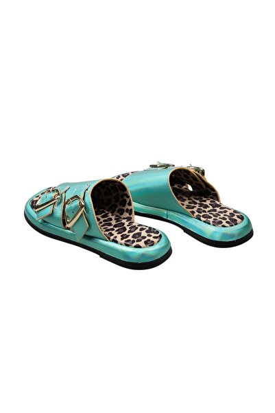 Lady Mia Elera Genuine Leather Women's Slippers with Buckle Detail