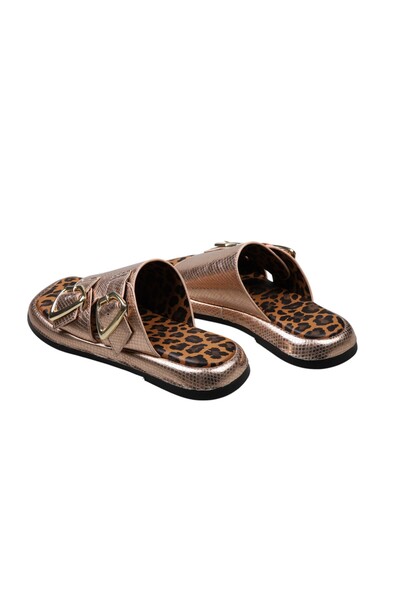 Lady Mia Elera Genuine Leather Women's Slippers with Buckle Detail