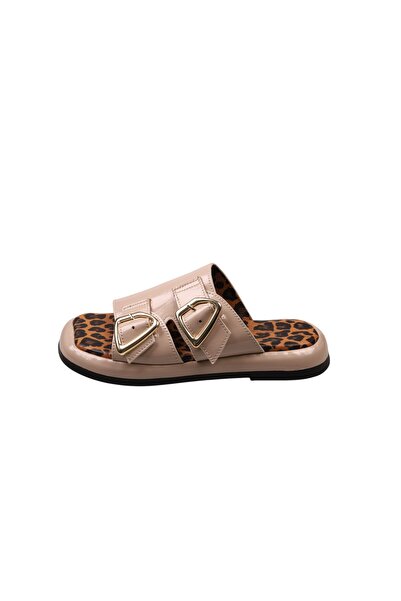 Lady Mia Elera Genuine Leather Women's Slippers with Buckle Detail