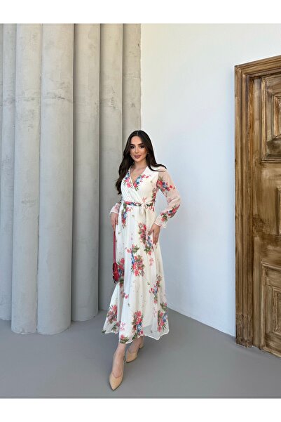 Anna Moda Mini Güllü Kruvaze Yaka Astarlı Şifon Elbise