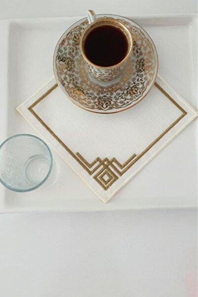 Çeyiz Diyarı طقم أكواب مربعة من الكتان المطرز بزاوية 6 قطع باللون البني