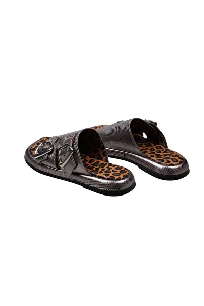 Lady Mia Elera Genuine Leather Women's Slippers with Buckle Detail