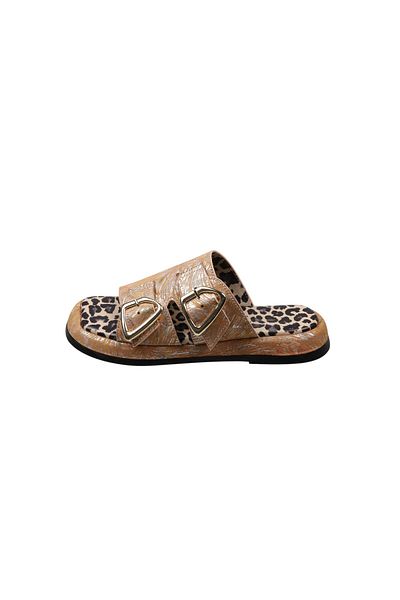 Lady Mia Elera Genuine Leather Women's Slippers with Buckle Detail