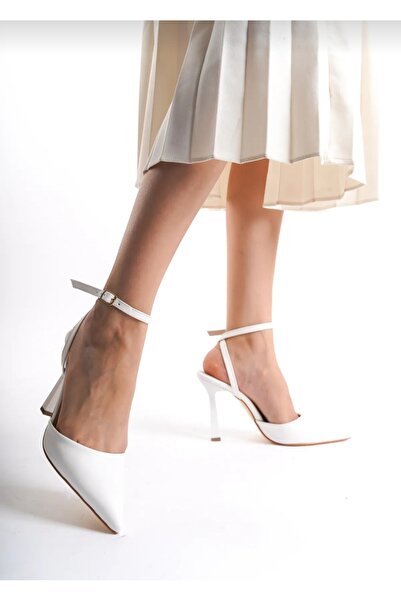 Kırmızı Topuk Beyaz kadın stiletto klasik topuklu ayakkabı sivri burun bantli