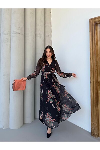 Anna Moda Mini Güllü Kruvaze Yaka Astarlı Şifon Elbise