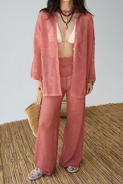 Hazinedan Copper Polo Collar Buttoned Blouse - Openwork Alaçatı Trousers Set