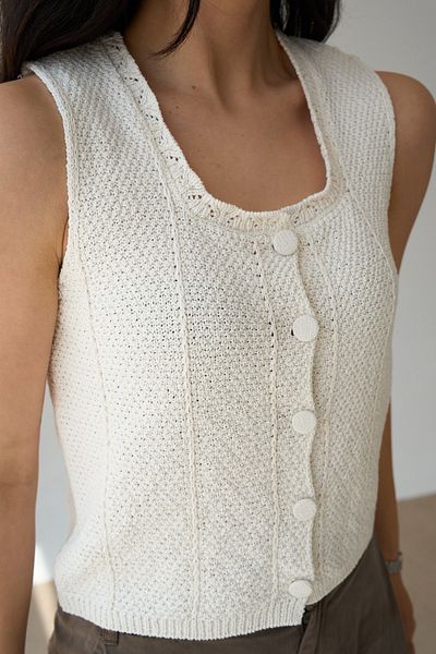 Hazinedan Women's Ecru Sleeveless U-Neck Knitwear Summer Buttoned Vest