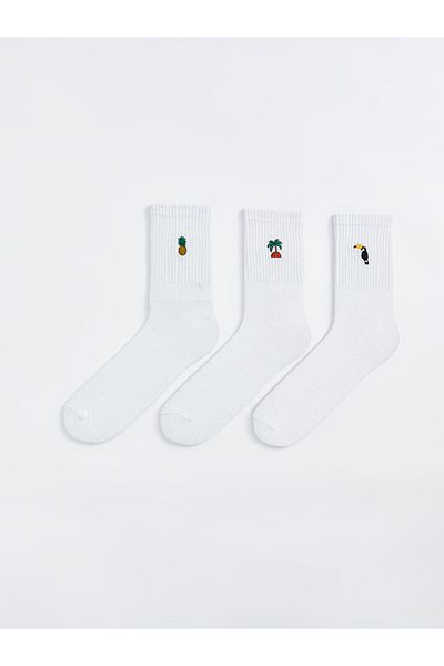LC Waikiki Cotton Blended Flexible Fabric Embroidered Men's Socks 3-Piece