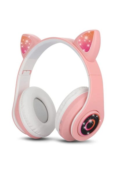 Bogadini Wireless Headphones for Children, With Cat Ears and LED, Pink and White Color