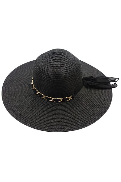 AXE SPORTSWEAR Women's Black Color Summer Chain and Chiffon Ribbon Detailed Summer Fedora Straw Beach Hat Beach Hat