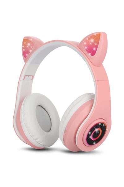 Bogadini Wireless Headphones for Children, With Cat Ears and LED, Pink and White Color