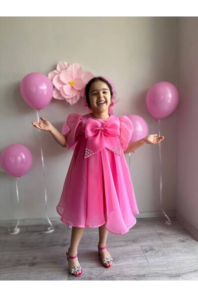 Sare Çocuk Giyim Princess Candy Pink Girls' Dance Dress, Bow Collar Ceremonial Evening Dress + Buckle