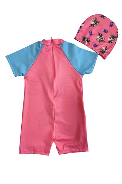 YUMİYUMM Girl's Character Patterned Pink-Blue Checkered Jumpsuit Swimsuit