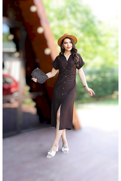 Modontik KETEN KUMAŞ BEL BÜZGÜLÜ GÖMLEK ELBİSE ZA.RA MODEL