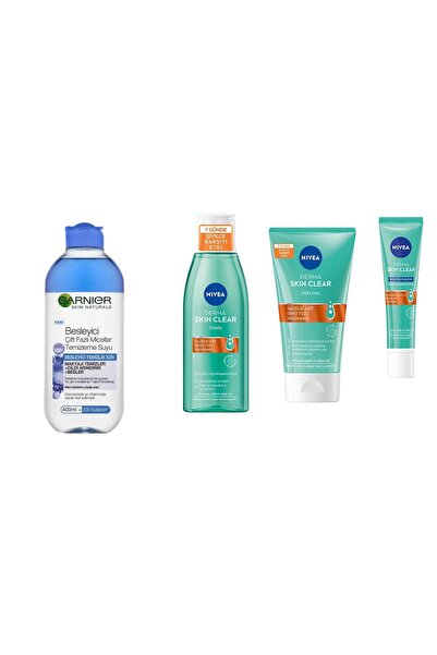 Garnier Cilt Bakım Seti 4'lü Makyaj Temizleme Suyu - Tonik - Peeling - Krem