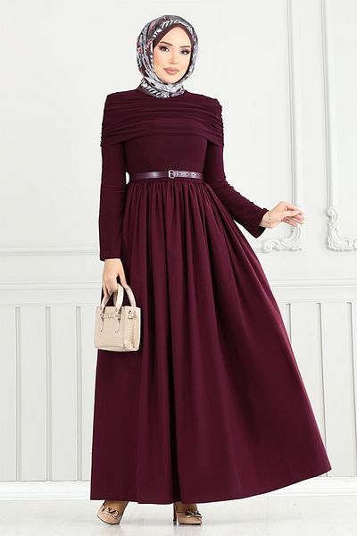 ModaMerve Drape Detail Hijab Dress 2421Ant904-M Claret Red