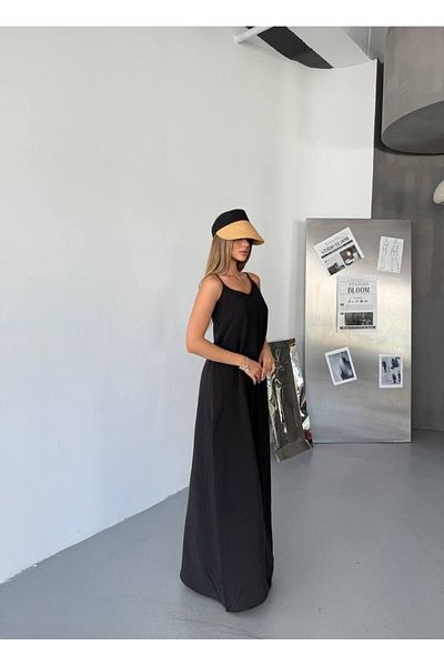 Ahsenbutik Women's Adjustable Strap Long Dress - Black