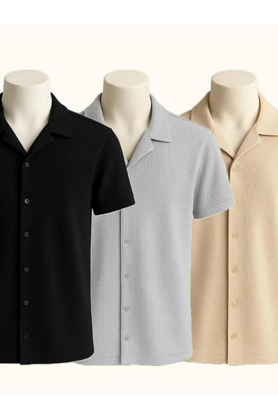 LC Waikiki 3-Piece Advantageous Waffle Fabric Iron-Free Short-Sleeved Button-Up Summer Premium Men's Shirt
