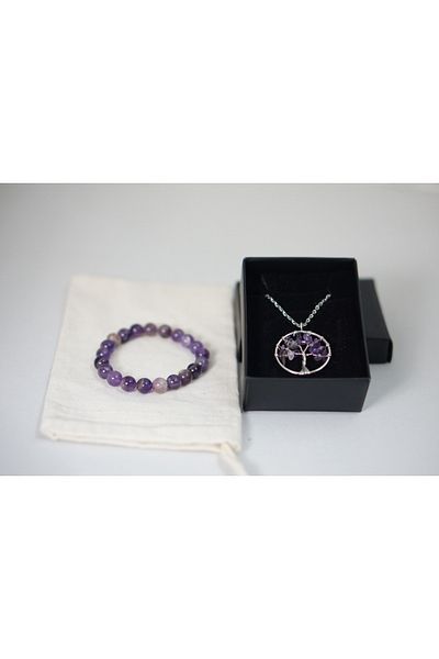 Efulim Hediyelik Amethyst Natural Stone Set, Handmade Bracelet and Tree of Life Pendant, Gift Boxed, Spiritual Jewelry