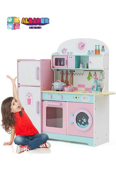 ALBADER Wooden Kitchen Toy With Oven and Cook Food Toys Set And Ice Maker, Large wooden kitchen