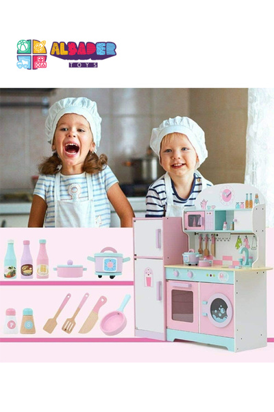 ALBADER Wooden Kitchen Toy With Oven and Cook Food Toys Set And Ice Maker, Large wooden kitchen