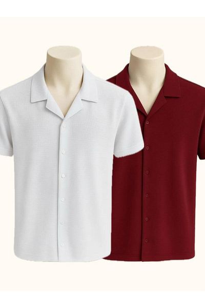 LC Waikiki 2-Piece Advantageous Waffle Fabric Iron-Free Short-Sleeved Button-Up Summer Premium Men's Shirt