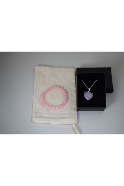 Efulim Hediyelik Pink Quartz Set, Handmade Natural Stone Bracelet and Heart Necklace, Love Energy, Gift Jewelry