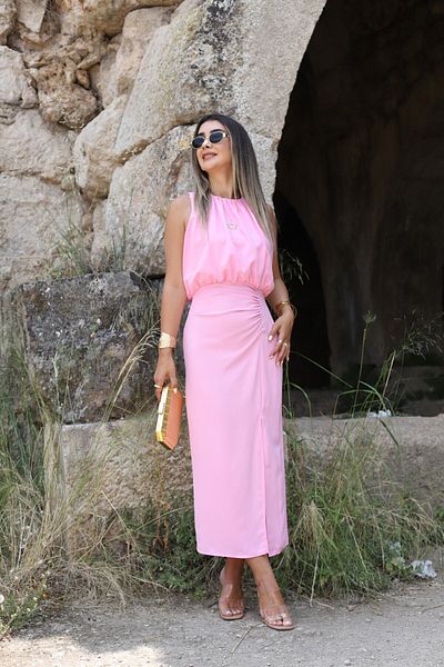 bytugcekaya Rochie roz cu decolteu rotund cu detaliu drapat