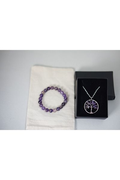 Efulim Hediyelik Amethyst Natural Stone Set, Handmade Bracelet and Tree of Life Pendant, Gift Boxed, Spiritual Jewelry
