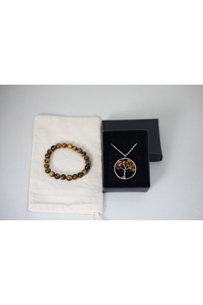 Efulim Hediyelik Tiger's Eye Natural Stone Set, Handmade Bracelet and Tree of Life Necklace, Unisex Gift Jewelry