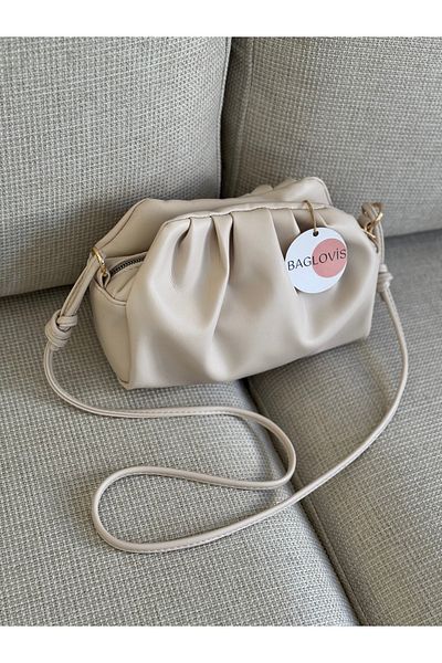 BAGLOVİS Soft Leather Textured Cream Women's Shoulder Bag with Zipper and Snap Closure En25 Boy15